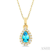 5x3 MM Pear Shape Blue Topaz and 1/20 ctw Single Cut Diamond Halo Semi Precious Pendant with Chain in 14K Yellow Gold